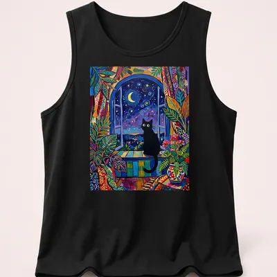 Matisse style print of a black cat silhouette against a starlit window — printed on a tank top