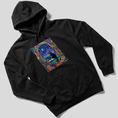 Matisse style print of a black cat silhouette against a starlit window — printed on a unisex hoodie