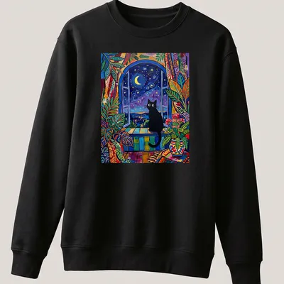 Matisse style print of a black cat silhouette against a starlit window — printed on a unisex sweatshirt