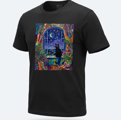 Matisse style print of a black cat silhouette against a starlit window — printed on a unisex t-shirt