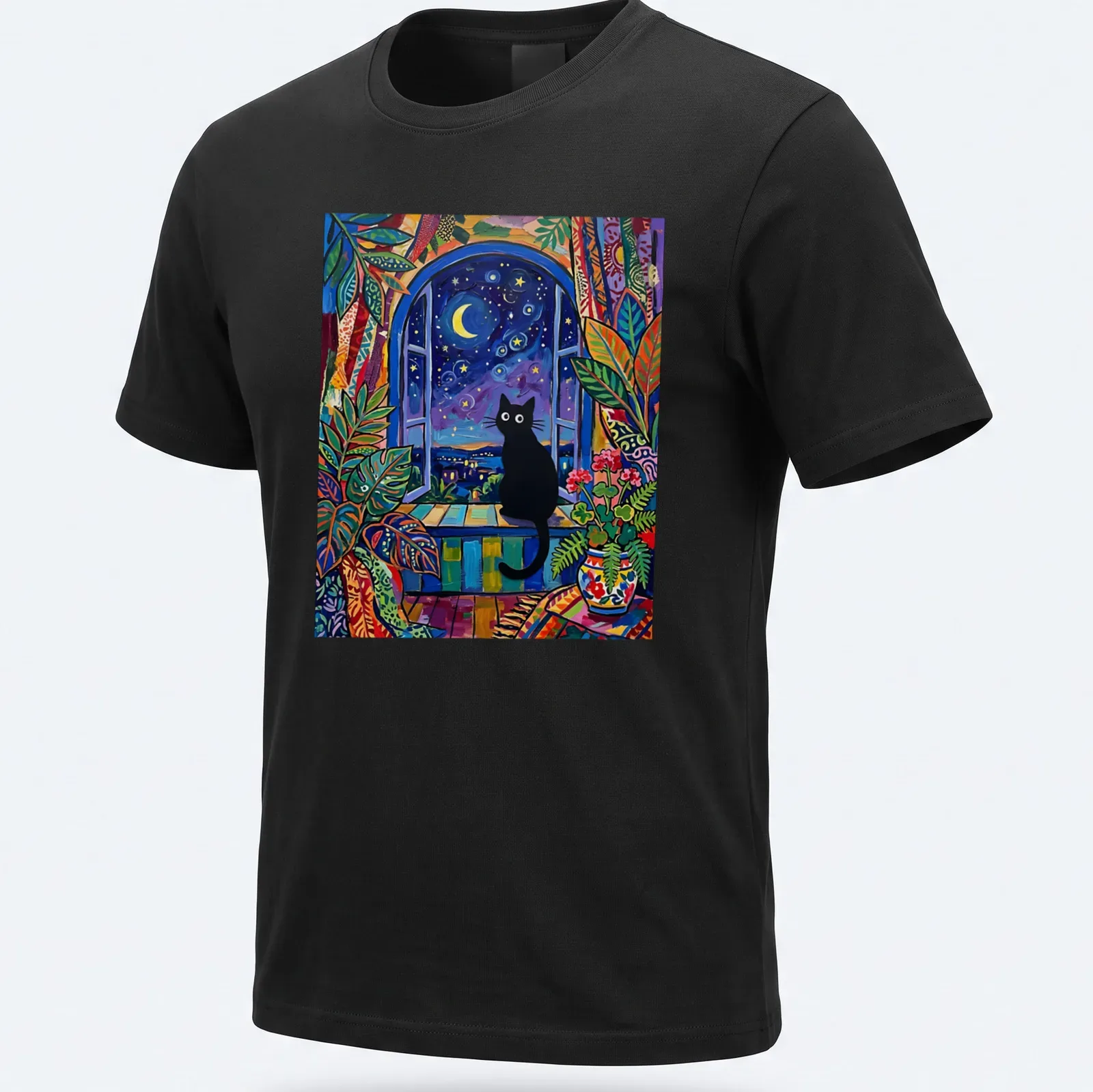 Matisse style print of a black cat silhouette against a starlit window — printed on a unisex t-shirt
