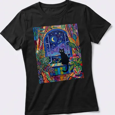Matisse style print of a black cat silhouette against a starlit window — printed on a women's shirt