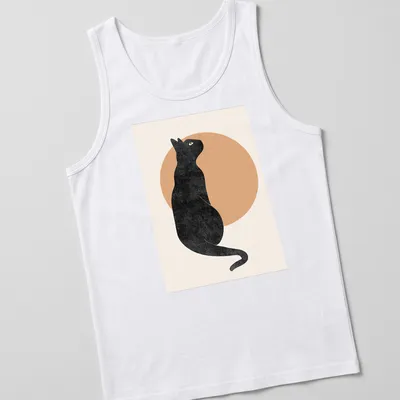 Minimalist illustration of a black cat seen from behind in beige and yellow tones — printed on a tank top