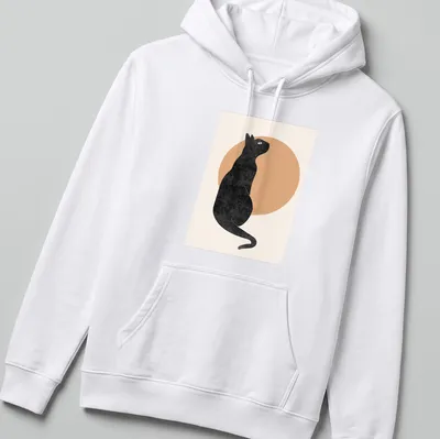 Minimalist illustration of a black cat seen from behind in beige and yellow tones — printed on a unisex hoodie