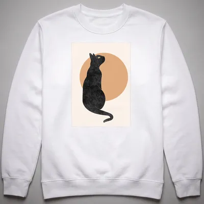 Minimalist illustration of a black cat seen from behind in beige and yellow tones — printed on a unisex sweatshirt