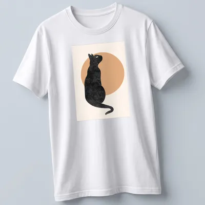 Minimalist illustration of a black cat seen from behind in beige and yellow tones