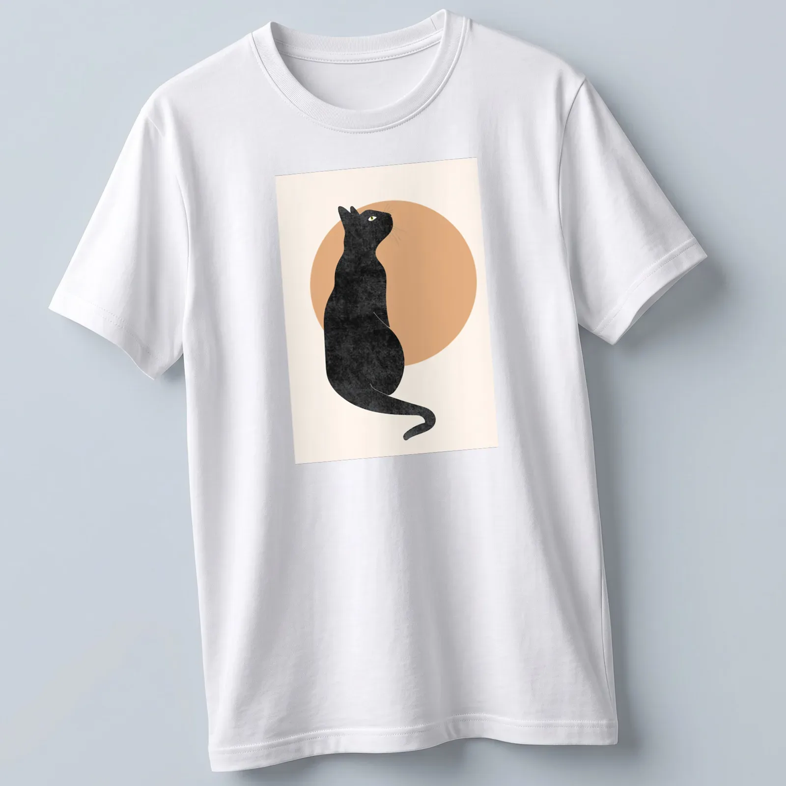 Minimalist illustration of a black cat seen from behind in beige and yellow tones — printed on a unisex t-shirt