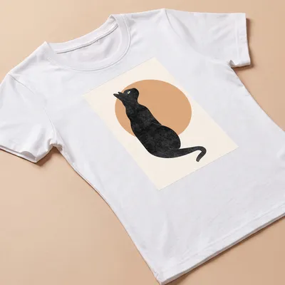 Minimalist illustration of a black cat seen from behind in beige and yellow tones — printed on a women's shirt