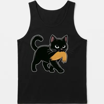 Cartoon black cat with a mustache in orange and white accents — printed on a tank top