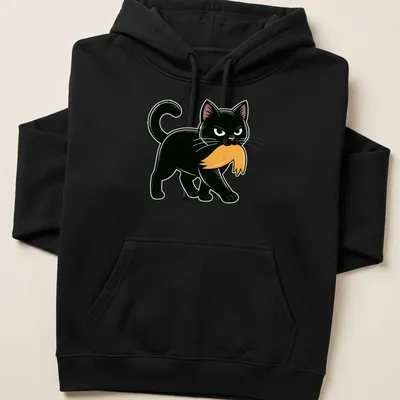 Cartoon black cat with a mustache in orange and white accents — printed on a unisex hoodie