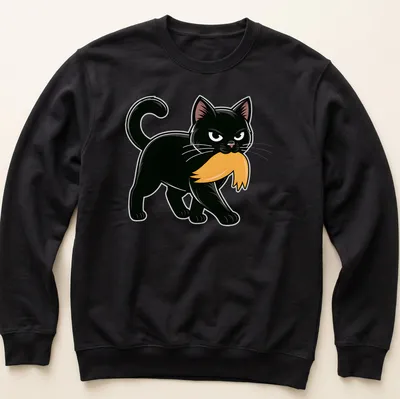 Cartoon black cat with a mustache in orange and white accents — printed on a unisex sweatshirt