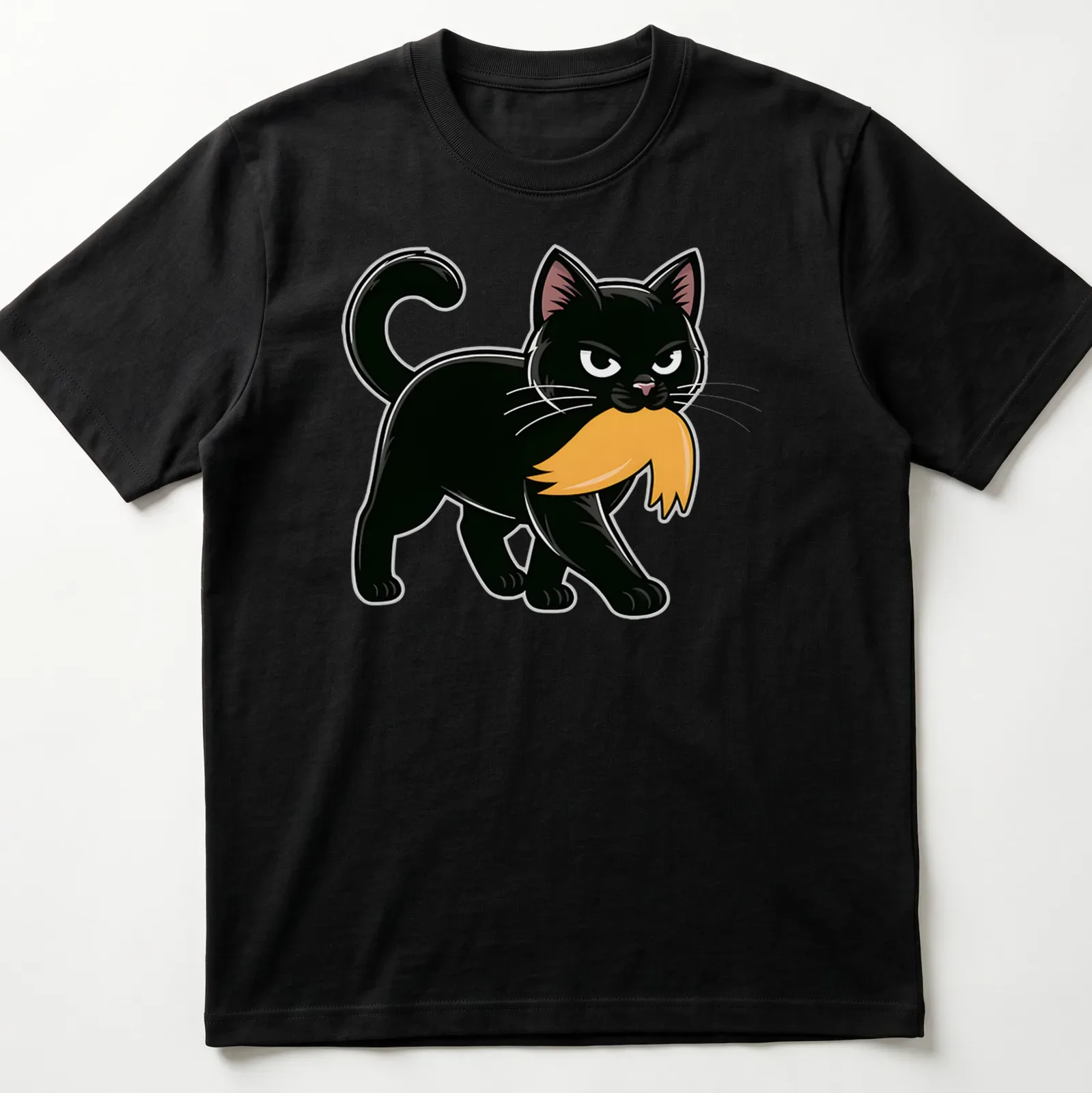 Cartoon black cat with a mustache in orange and white accents — printed on a unisex t-shirt