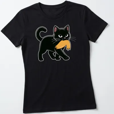 Cartoon black cat with a mustache in orange and white accents — printed on a women's shirt