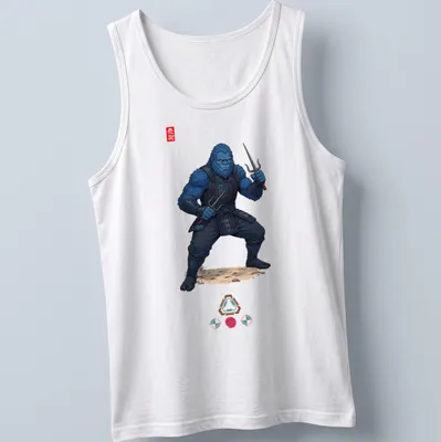 Illustration of a blue Bigfoot ninja wielding sai weapons with the word 'Ninja' — printed on a tank top