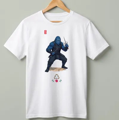 Illustration of a blue Bigfoot ninja wielding sai weapons with the word 'Ninja' — printed on a unisex t-shirt