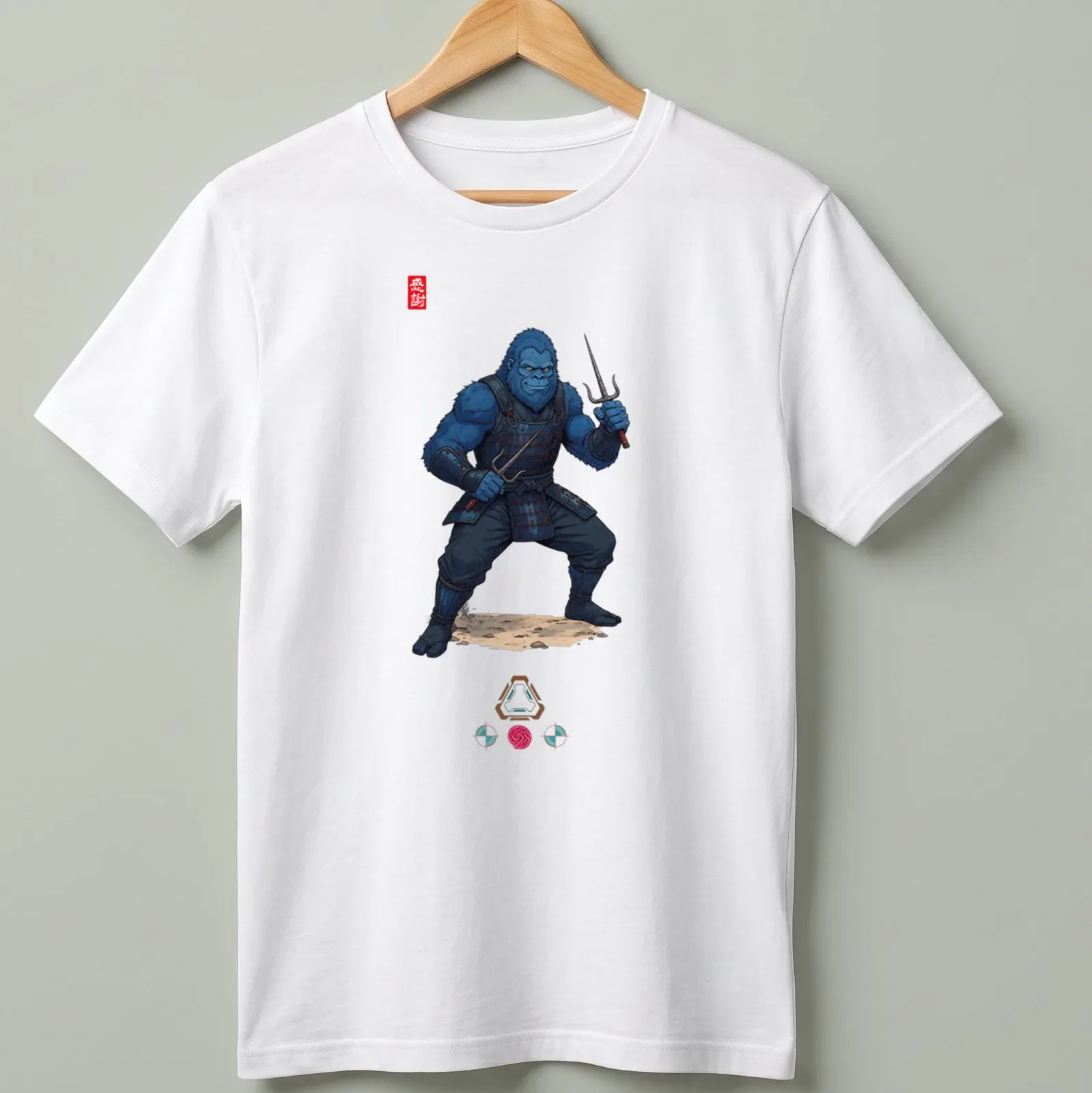Illustration of a blue Bigfoot ninja wielding sai weapons with the word 'Ninja' — printed on a unisex t-shirt