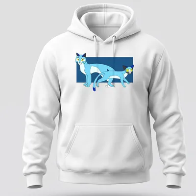 Whimsical cartoon design featuring playful blue cats in various poses — printed on a unisex hoodie
