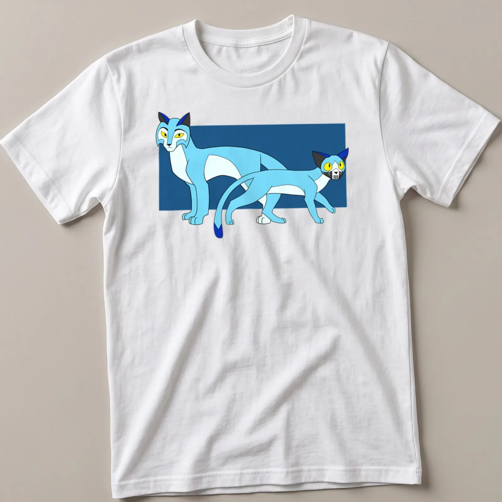 Whimsical cartoon design featuring playful blue cats in various poses — printed on a unisex t-shirt