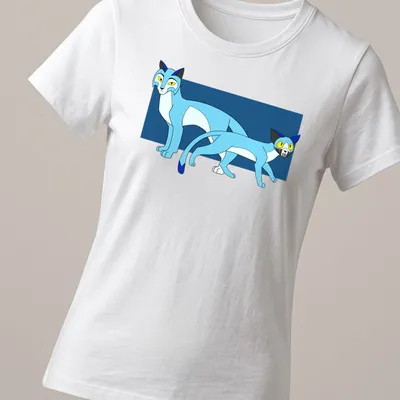 Whimsical cartoon design featuring playful blue cats in various poses — printed on a women's shirt