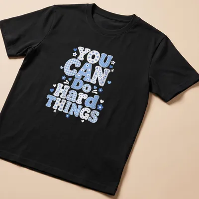 Playful blue patchwork design with the phrase 'You Can Do Hard Things'