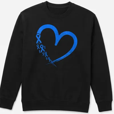 Distressed graphic of blue ribbons forming a heart for ALS awareness — printed on a unisex sweatshirt