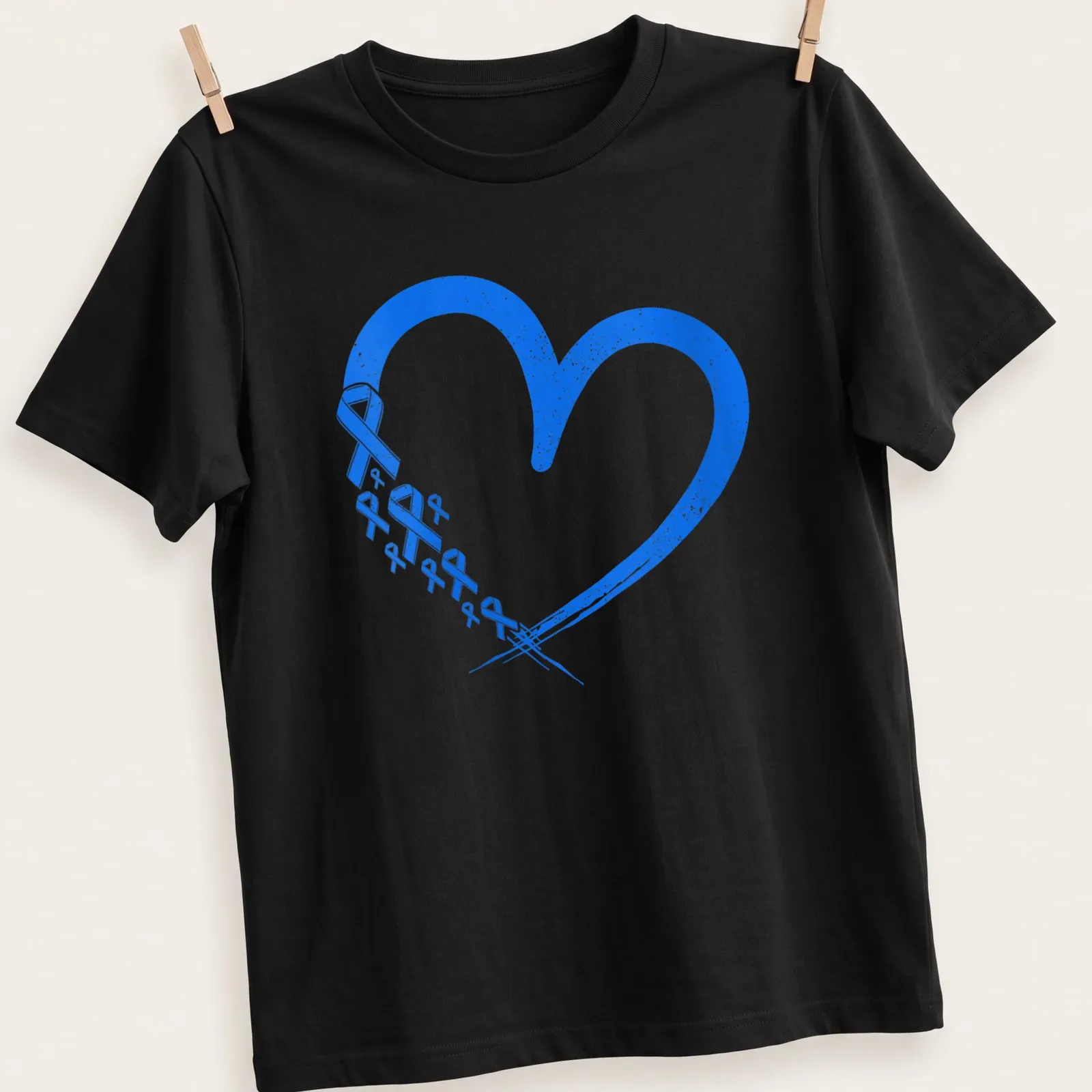 Distressed graphic of blue ribbons forming a heart for ALS awareness — printed on a unisex t-shirt