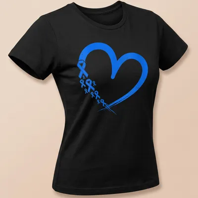 Distressed graphic of blue ribbons forming a heart for ALS awareness — printed on a women's shirt