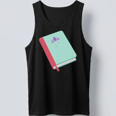 Whimsical illustration of a book with a crown and fork in flat design — printed on a tank top