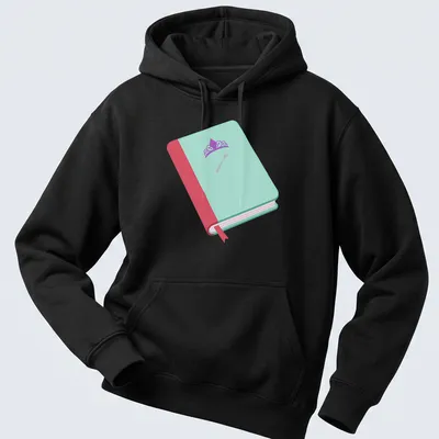 Whimsical illustration of a book with a crown and fork in flat design — printed on a unisex hoodie