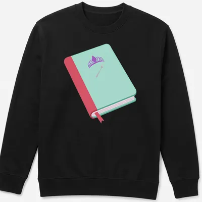 Whimsical illustration of a book with a crown and fork in flat design — printed on a unisex sweatshirt