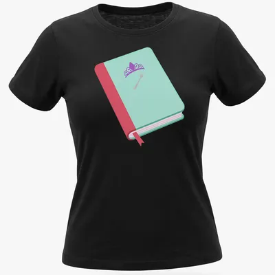 Whimsical illustration of a book with a crown and fork in flat design — printed on a women's shirt