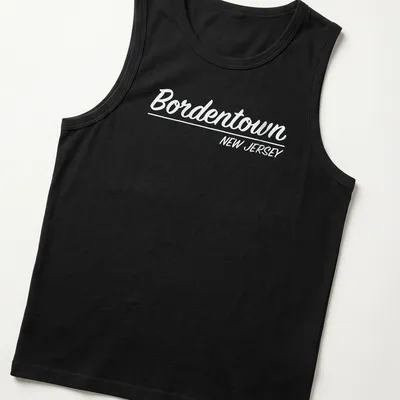 Retro script t-shirt featuring Bordentown, New Jersey in white — printed on a tank top