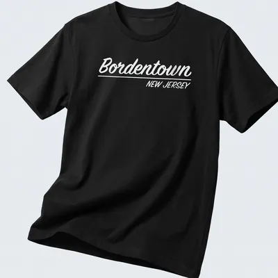 Retro script t-shirt featuring Bordentown, New Jersey in white