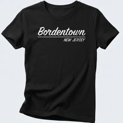 Retro script t-shirt featuring Bordentown, New Jersey in white — printed on a women's shirt