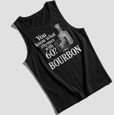Vintage line-art t-shirt featuring a whiskey glass and bottle, with humorous text about bourbon. — printed on a tank top