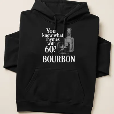 Vintage line-art t-shirt featuring a whiskey glass and bottle, with humorous text about bourbon. — printed on a unisex hoodie