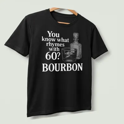 Vintage line-art t-shirt featuring a whiskey glass and bottle, with humorous text about bourbon. — printed on a unisex t-shirt (angled view)