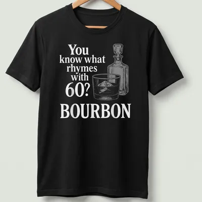 Vintage line-art t-shirt featuring a whiskey glass and bottle, with humorous text about bourbon.