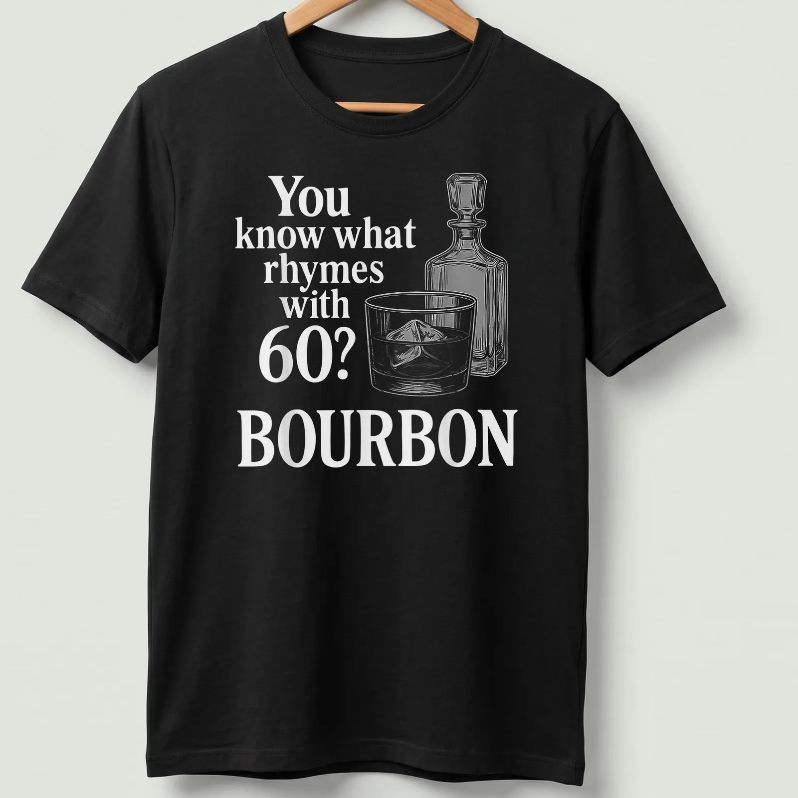 Vintage line-art t-shirt featuring a whiskey glass and bottle, with humorous text about bourbon. — printed on a unisex t-shirt