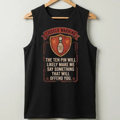 Vintage distressed t-shirt featuring a bowling pin and humorous text warning — printed on a tank top