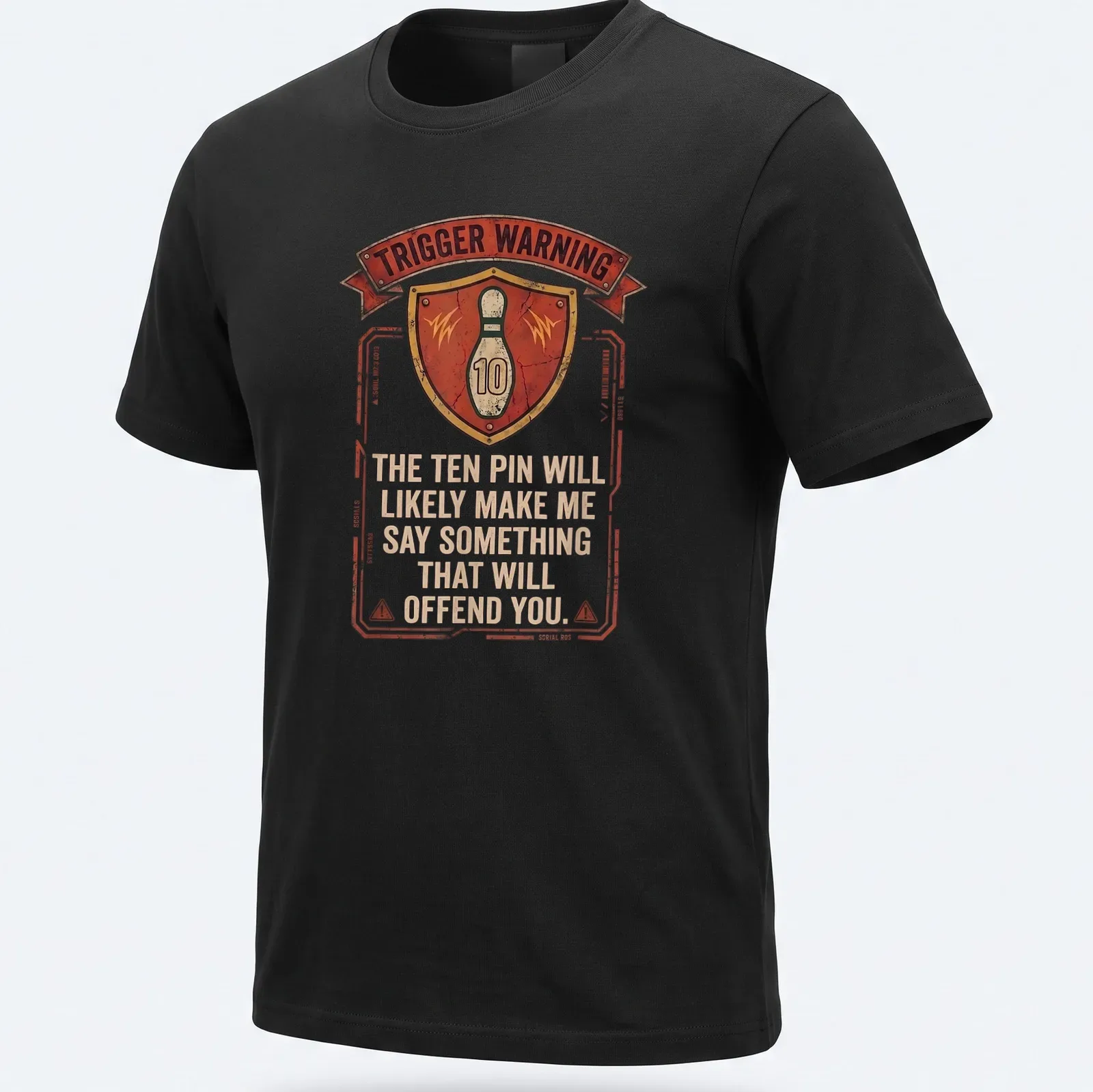 Vintage distressed t-shirt featuring a bowling pin and humorous text warning — printed on a unisex t-shirt