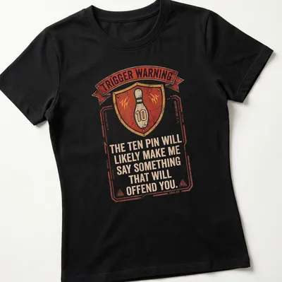 Vintage distressed t-shirt featuring a bowling pin and humorous text warning — printed on a women's shirt