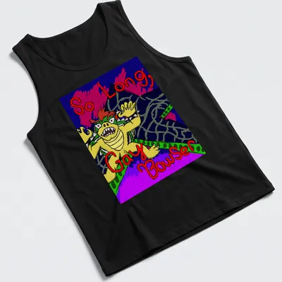 Colorful cartoon print of Bowser with the text 'So Long, Gay Bowser' below — printed on a tank top
