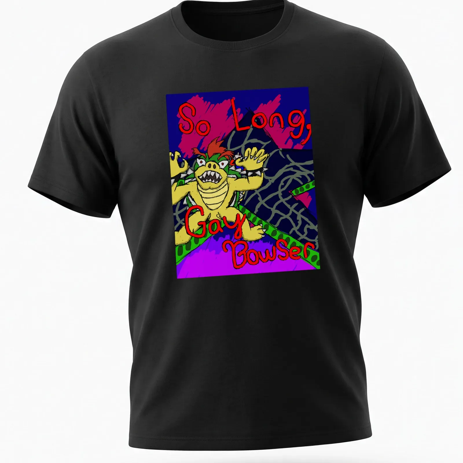 Colorful cartoon print of Bowser with the text 'So Long, Gay Bowser' below — printed on a unisex t-shirt