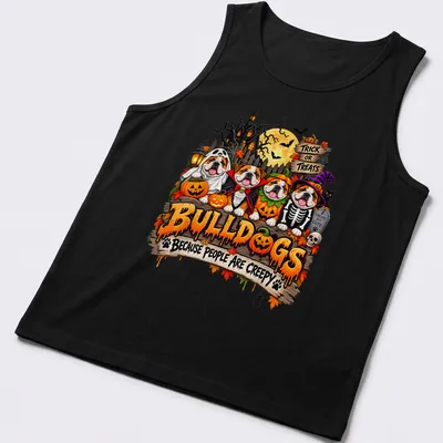 Colorful cartoon of bulldogs in Halloween costumes with humorous text. — printed on a tank top