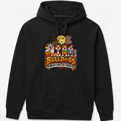 Colorful cartoon of bulldogs in Halloween costumes with humorous text. — printed on a unisex hoodie