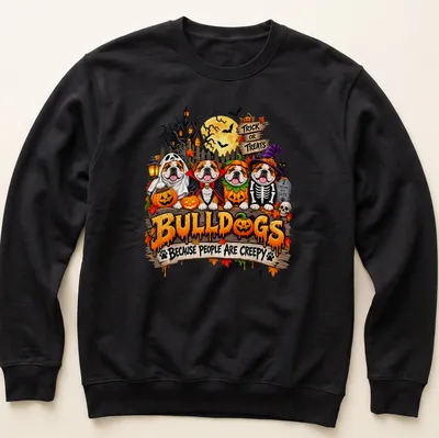 Colorful cartoon of bulldogs in Halloween costumes with humorous text. — printed on a unisex sweatshirt