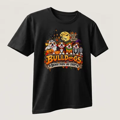 Colorful cartoon of bulldogs in Halloween costumes with humorous text. — printed on a unisex t-shirt (angled view)