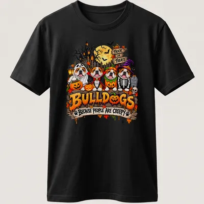Colorful cartoon of bulldogs in Halloween costumes with humorous text. — printed on a unisex t-shirt
