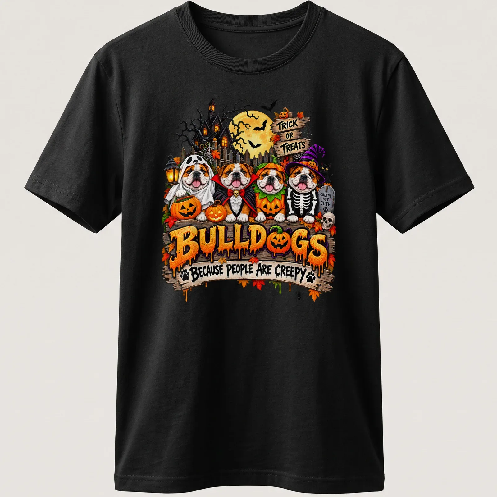 Colorful cartoon of bulldogs in Halloween costumes with humorous text. — printed on a unisex t-shirt